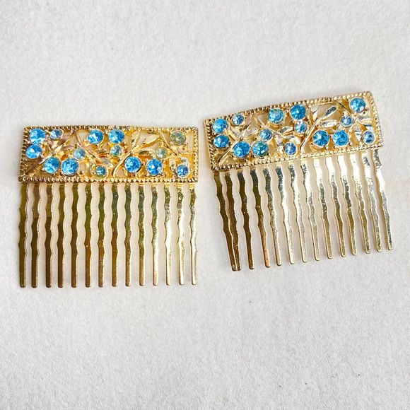 Hair Accessory Set Blue Flower Barette Blue Stone Combs And Yellow Stone Pins - Picture 6 of 15